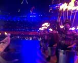 Drummers play with fiveway fire special effect backpacks at the Paralympic Closing Ceremony