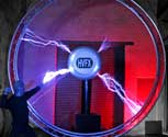 Tesla coil and Lightning Man with an earthing ring