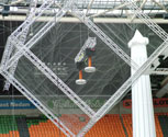 An SG30 Twin Tesla coil hung upside down in a Faraday cube